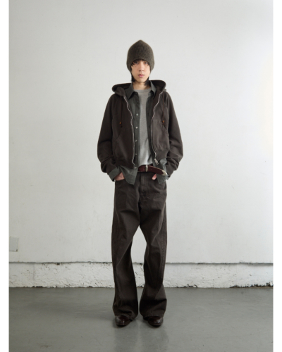 PPFM ダブルブレスト y2k 3way 銀ボタン フード ラクーン 男女兼用 NVRFRGT（ネバーフォーゲット）NF252P10B 3D TWISTED WIDE LEG JEANSの